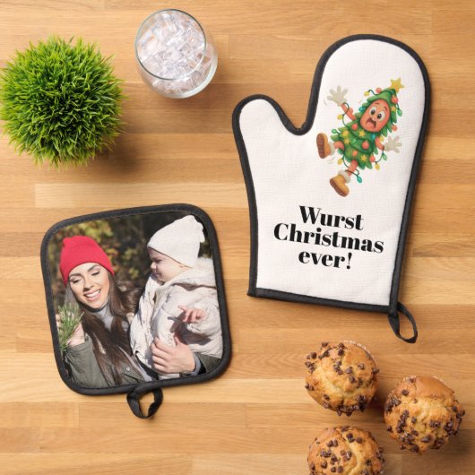 史上最高に面白いソーセージのクリスマス！おもしろサラミの写真 鍋つかみ&鍋敷きセット (トップダウン)