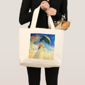 右にパラソルを置いたモネの女性 ラージトートバッグ (正面(商品))