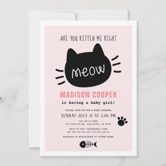 右ミューピンクの女の子の赤ちゃんシャワー私を子猫にする 招待状 (正面)