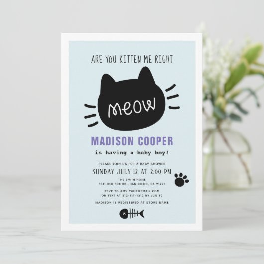 右ミュー青い男の子の赤ちゃんシャワーを私に子猫にする 招待状 (スタンド正面)