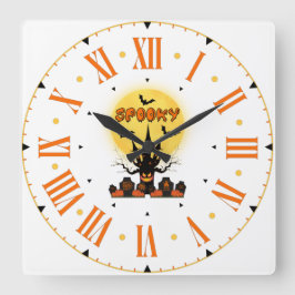 右不気味夜ハロウィーン正方形の壁時計 スクエア壁時計