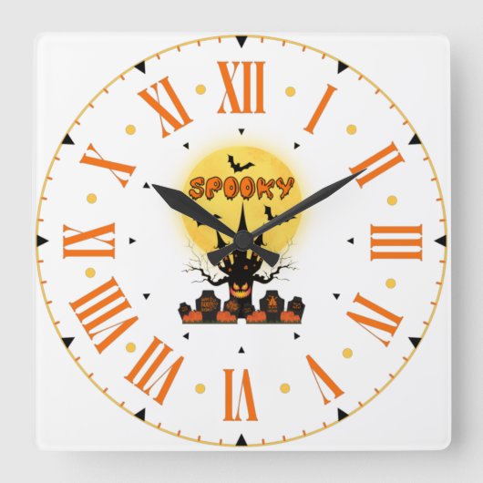 右不気味夜ハロウィーン正方形の壁時計 スクエア壁時計 (正面)