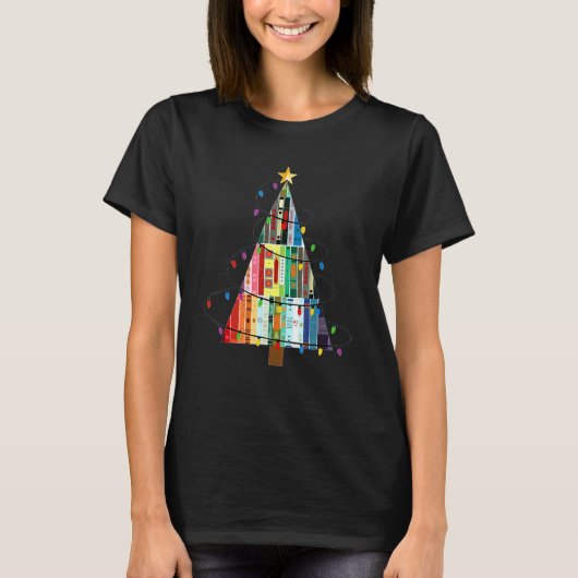 司書と本のためのクリスマス図書館ツリー Tシャツ (正面)