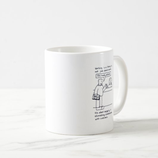 司書のユーモア、天候述べている顧客 コーヒーマグカップ (正面右)