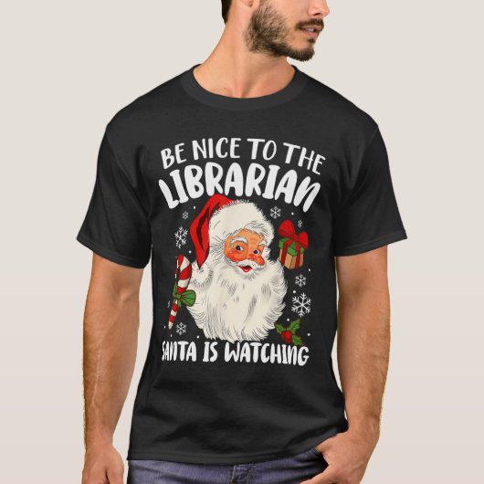 司書サンタがクリスマスを見ているのに優しい Tシャツ (正面)