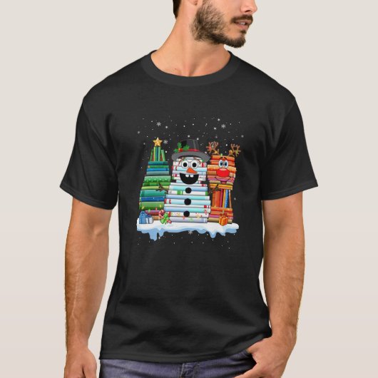 司書ブックラバークリスマスブックスタックトインデナー Tシャツ (正面)