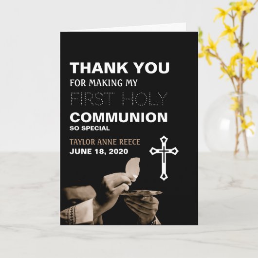 司祭と十字架、最初の聖餐会ありがとう カード (黄色い花)