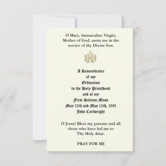 司祭の記念日の記憶祈りの言葉 カード (裏面)