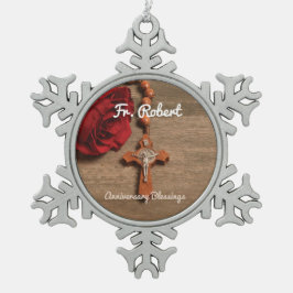 司祭叙勲記念日レッドローズとロザリオ スノーフレークピューターオーナメント
