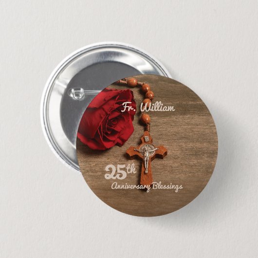 司祭25周年記念バラと念珠 缶バッジ (正面&裏面)