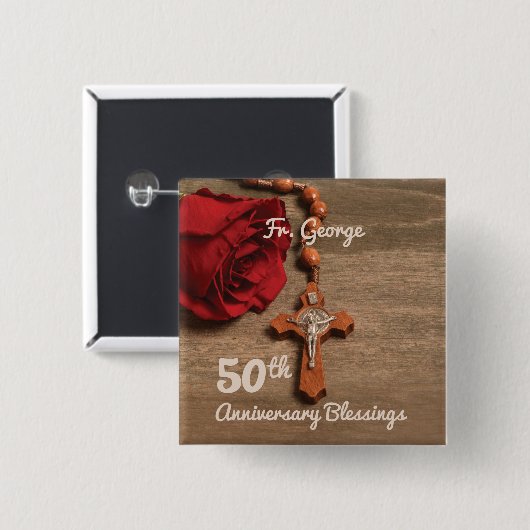 司祭50周年記念バラとロザリオ 缶バッジ (正面&裏面)
