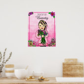 各日の美しいフォークアートハンドドローPunk女の子 ポスター (キッチン)