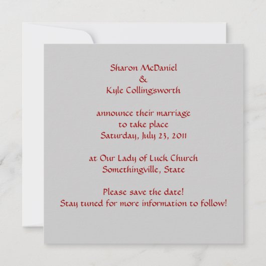 合併専攻の結婚式の保存日付 招待状 (裏面)