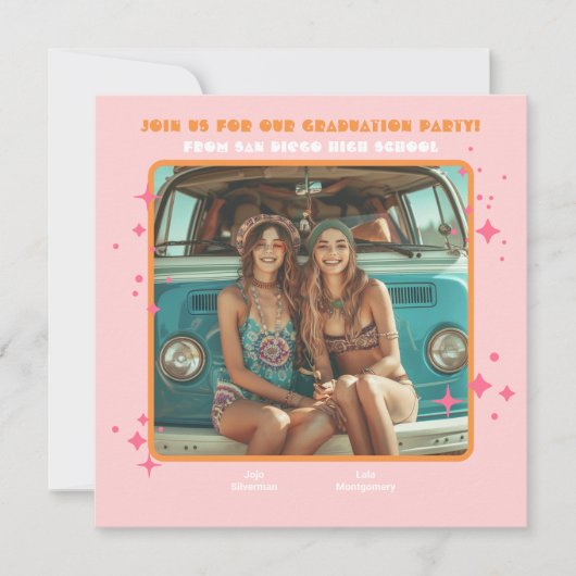 合同ヒッピー写真卒業パーティー2人 招待状 (正面)