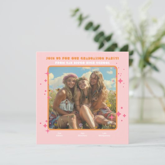 合同ヒッピー写真卒業パーティー3人 招待状 (スタンド正面)