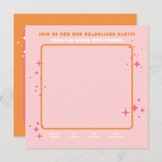 合同ヒッピー写真卒業パーティー4人 招待状 (正面/裏面)