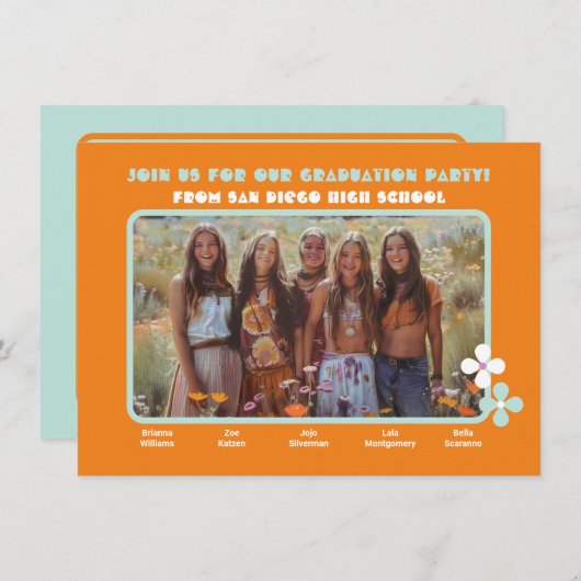 合同ヒッピー写真卒業パーティー5人 招待状 (正面/裏面)