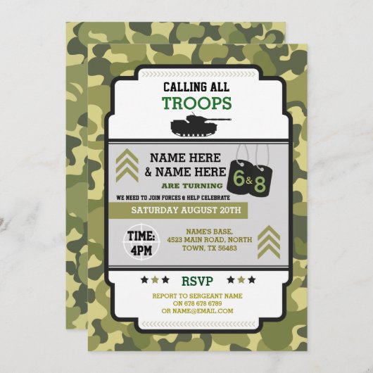 合同軍軍隊誕生日2つの共有タンク迷彩柄 招待状 (正面/裏面)
