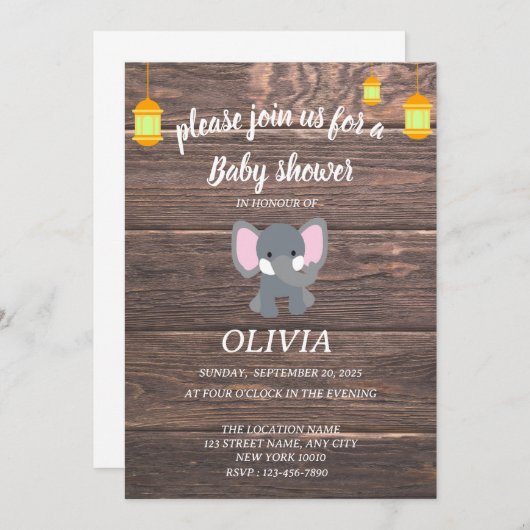 合板の背景ベビーエレファント赤ちゃんシャワー 招待状 (正面/裏面)
