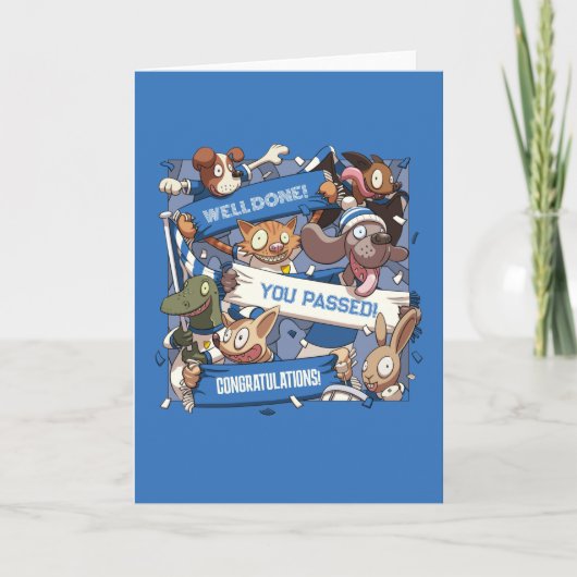 合格おめでとう!ユーモアあふれる動物スポーツファンのスカーフ漫画 カード (正面)