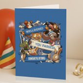 合格おめでとう!ユーモアあふれる動物スポーツファンのスカーフ漫画 カード