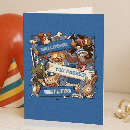 合格おめでとう！ユーモアあふれる動物スポーツファンのスカーフ漫画 カード