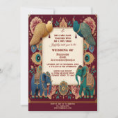 吉祥な象の孔雀の羽の装飾が施されたインド風 招待状 (正面)