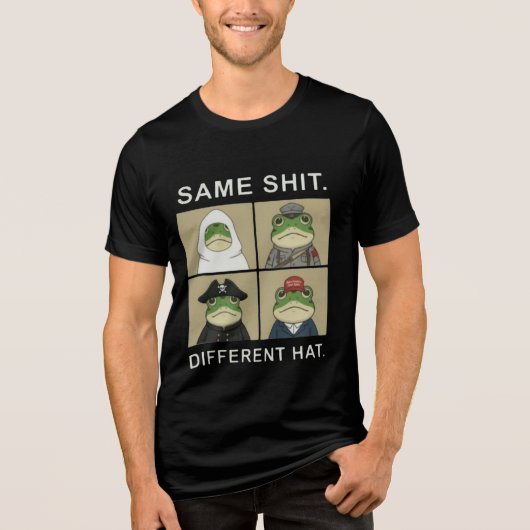 同じもの違う被り物 面白い政治風刺のカエル トライブレンドTシャツ (正面)