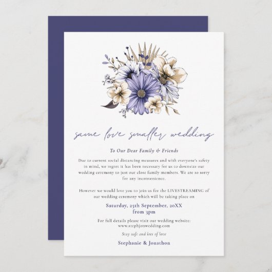 同じ愛の小さい結婚のダウンサイズパープル花模様 案内状 (正面/裏面)