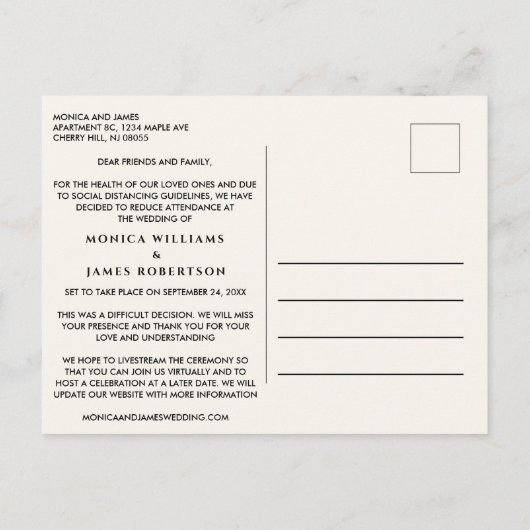 同じ愛 新しい計画 グリーン クリーム 小規模な結婚式 案内ポストカード (裏面)