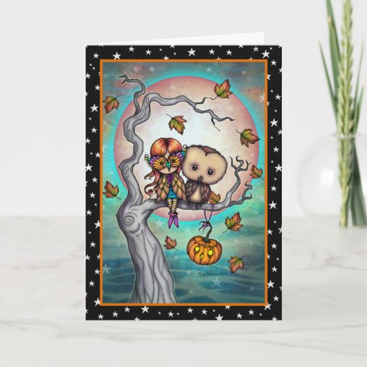 同じ羽毛のハロウィーンのフクロウと少女 カード (正面)