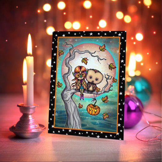 同じ鳥が集まる ハロウィンのフクロウと少女 カード