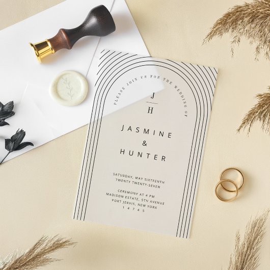 同心円アーミニマルチ結婚のモノグラム ベラム紙招待状