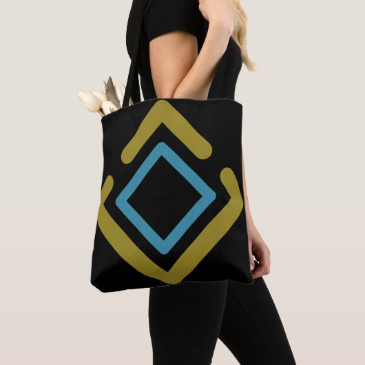 同心円金ゴールドおよびターコイズ幾何形状 トートバッグ (クローズアップ)