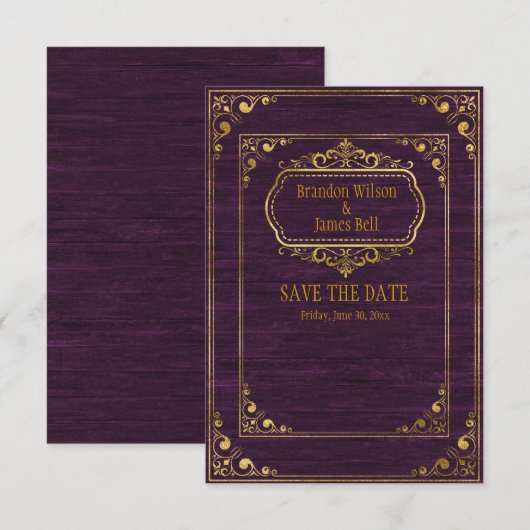 同性カップルのパープルバーンウッドゴールドフレーム結婚式 セーブザデート (正面/裏面)