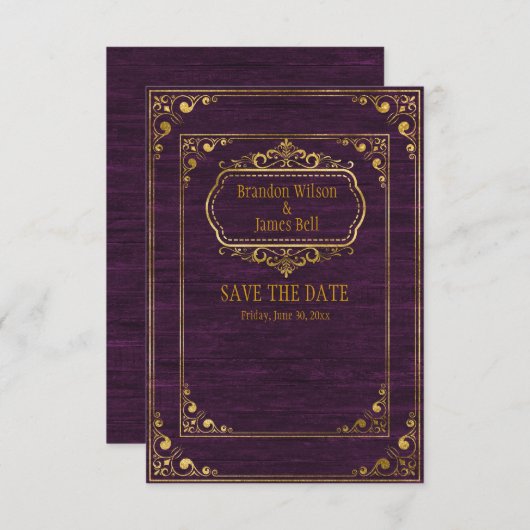 同性カップルの茶色の古材と金のフレームの結婚式 セーブザデート (正面/裏面)