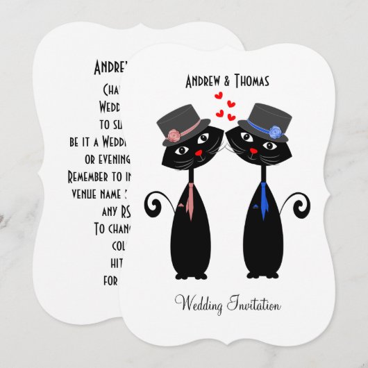 同性婚クールな猫の新郎 ウェディング招待状 招待状 (正面/裏面)