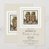 同性新郎のゲイ パイナップル ティキ ヘッド レトロ ウェディング 招待状 (正面/裏面)