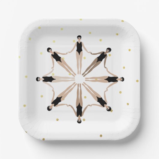 同期モダンされた芸術的泳ぐ人の金ゴールド・ドット ペーパープレート (正面)
