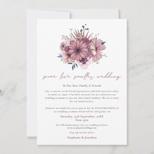 同等の愛　小さな結婚式　縮小　ピンクの花 案内状 (正面)