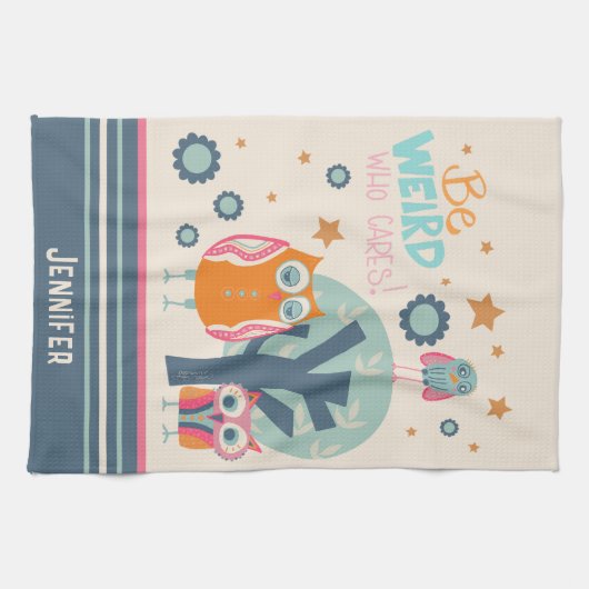 名おもしろいパーソナライズされた名かわいいフクロウは引用文 キッチンタオル (横)