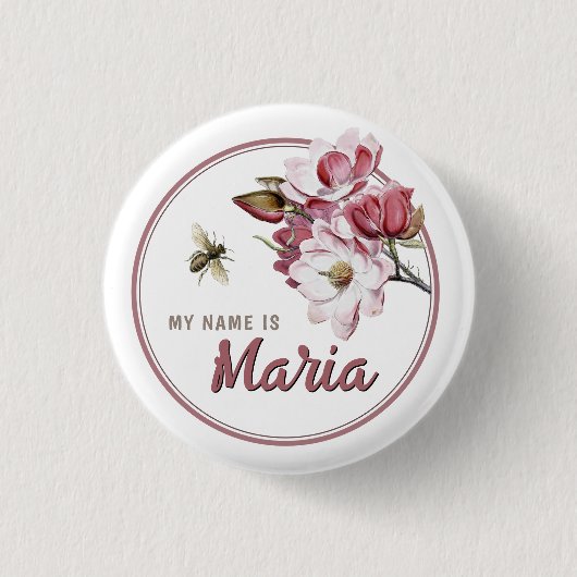 名かわいらし前タグフラワーピンクローズ 缶バッジ (正面)