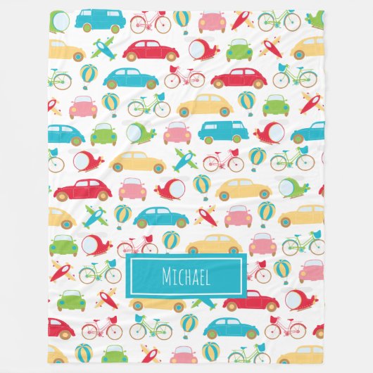 名の付いた小さな少年の車のパターン フリースブランケット (正面)