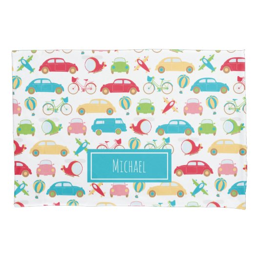 名の付いた小さな少年の車のパターン 枕カバー (正面)