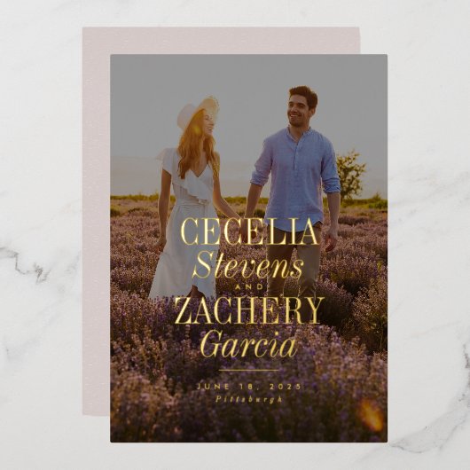 名はっきりしたモダンユニーク名photo save date 箔招待状 (正面/裏面)