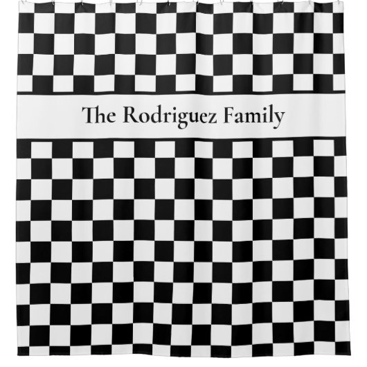 名はっきりした前の市松模様に白黒パターン シャワーカーテン (正面)