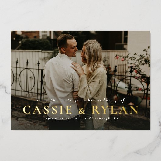 名はっきりした前シンプル1枚の写真に日付を保存 箔招待状 (正面)