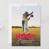 名はっきりした名シンプルスポーティな赤い写真卒業 招待状 (正面)