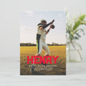 名はっきりした名シンプルスポーティな赤い写真卒業 招待状 (スタンド正面)