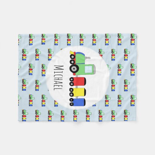 名をもらった子供が付いている男の子の列車パターン フリースブランケット (正面(横))